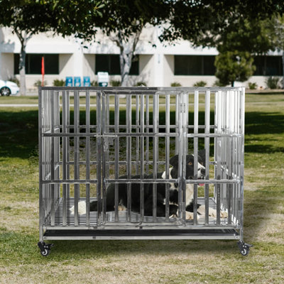 Amberjo Heavy Duty Stainless Steel Dog Cage Kennel Crate Stackable Pet Crate with Lockable Wheels and Removable Tray
