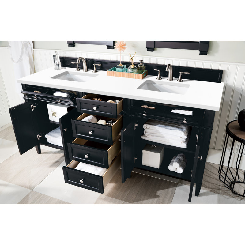 Meuble-lavabo double l 72 po Dussault, Noir onyx, Blanc Zeus, 8 po