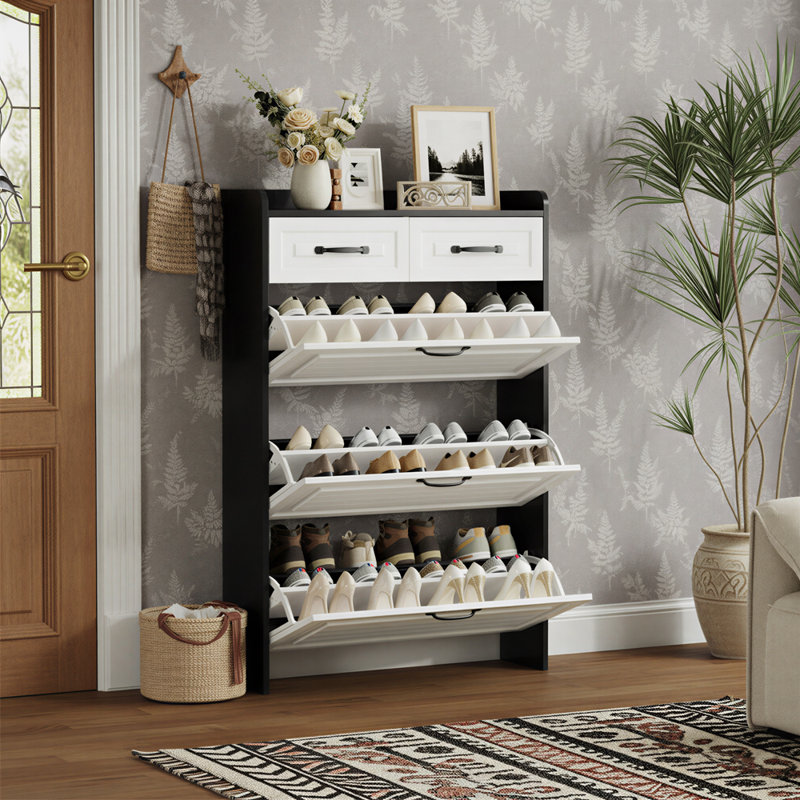 Armoire à chaussures basculante avec tiroirs, organisateur de vestibule moderne au fini blanc et noir