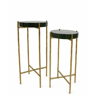 Recycled Glass Top Side Table W/Iron Stand Set Of 2