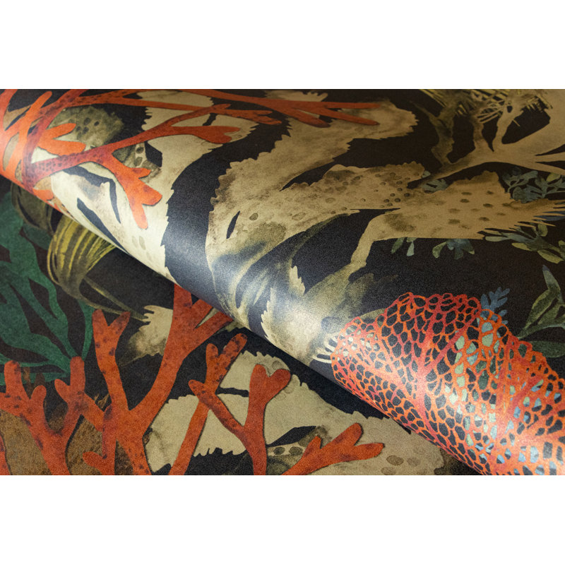 Tropical Collection Bora Bora Coral Inspired 27.8' L x 27.5" W Wallpaper Roll, Blackberry