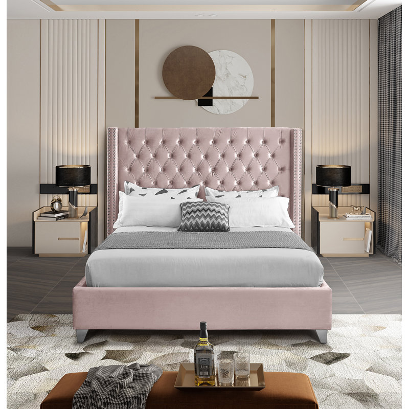 Joclynn Upholstered Bed, King, Pink Velvet, Chrome