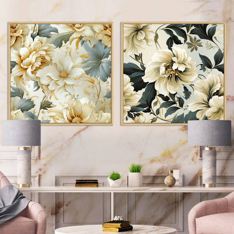Neo Fusion, motif victorien I - ensemble de 2 collages floraux carrés, Cadre flottant brun, H 36 po x l 73 po