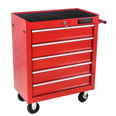 Red 5 Drawer Tool Storage With Locking System And Wheels For Garage Space Saving Cabinet Lock Mobile - Powdered Steel