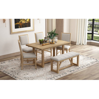 6-Piece Retro Dining Table Set for 6, 60" Wood Kitchen Table and Chairs Set of 4 with Bench Designed Trestle Base for kitchen & Dining Room
