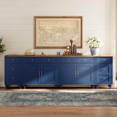 Kitchen Sideboard Cabinet with Charging Station & USB Port, Modern Credenzas & Sideboards, Buffet Cabinet Wood Storage Cabinets, Farmhouse Sideboard Credenza for Dining Room, Navy Blue, 101 inch