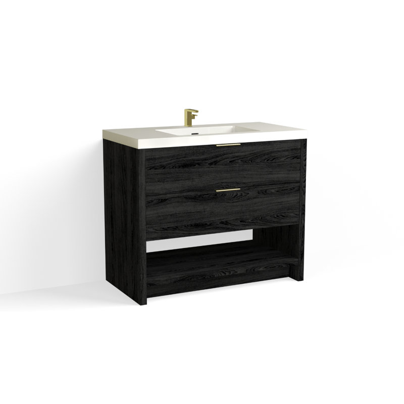 Vue 42" W Freestanding Single Bathroom Vanity, Glossy White/8" Widespread, Matte Black, White Nanomatte