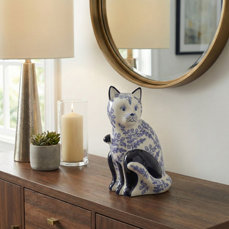 Decorative Chinoiserie Cat Sculpture Figurine for Home Decor - Modern Animal Ceramic Object for Decorations, Office, Table, or Living Room Statue