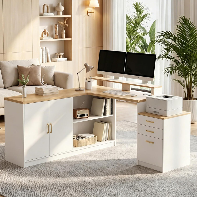 Bureau d'ordinateur en L avec support pour écran, station de charge et rangement, White