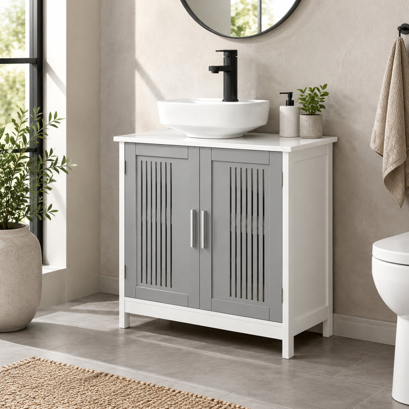 Ensemble de meuble-lavabo de salle de bain sous le lavabo avec tablette ajustable en blanc gris