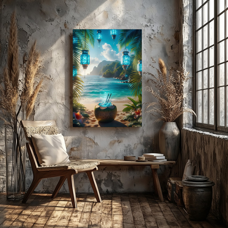 Toile une scène tropicale vibrante avec une grande tasse d'art de noix de coco au design complexe, remplie de glace, ornée d'une toile bleue brillante