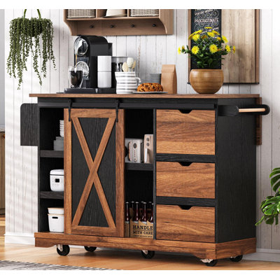 Farmhouse Kitchen Island with Drop Leaf | Barn Door Storage, Power Outlet & Wheeled Rolling Cart w/ Spice Rack – for Kitchen/Dining Room by Ophelia & Co.