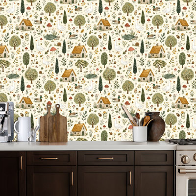 Peel and Stick Wallpaper Mallard Whimsical Scandi Farmhouse Cottagecore Goose Farm Animals Contact Paper Removable Self Adhesive Wall Mural Wall Decor for Bedroom Kitchen Cabinets 17.7in x 118in