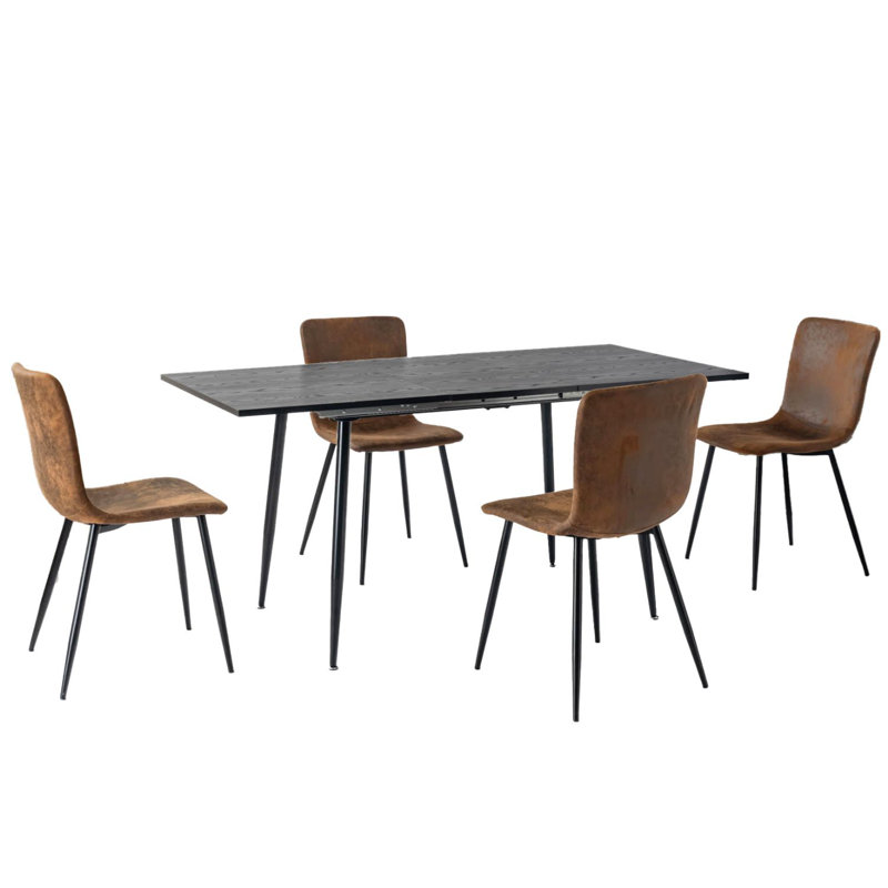 Modern Minimalist Extendable Dining Table Set （1Table and 4 Chairs）, Black