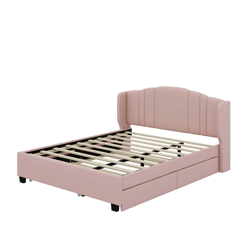 Grand lit plateforme tapissier avec tête de lit à oreilles, lit gigogne et tiroirs, Rose