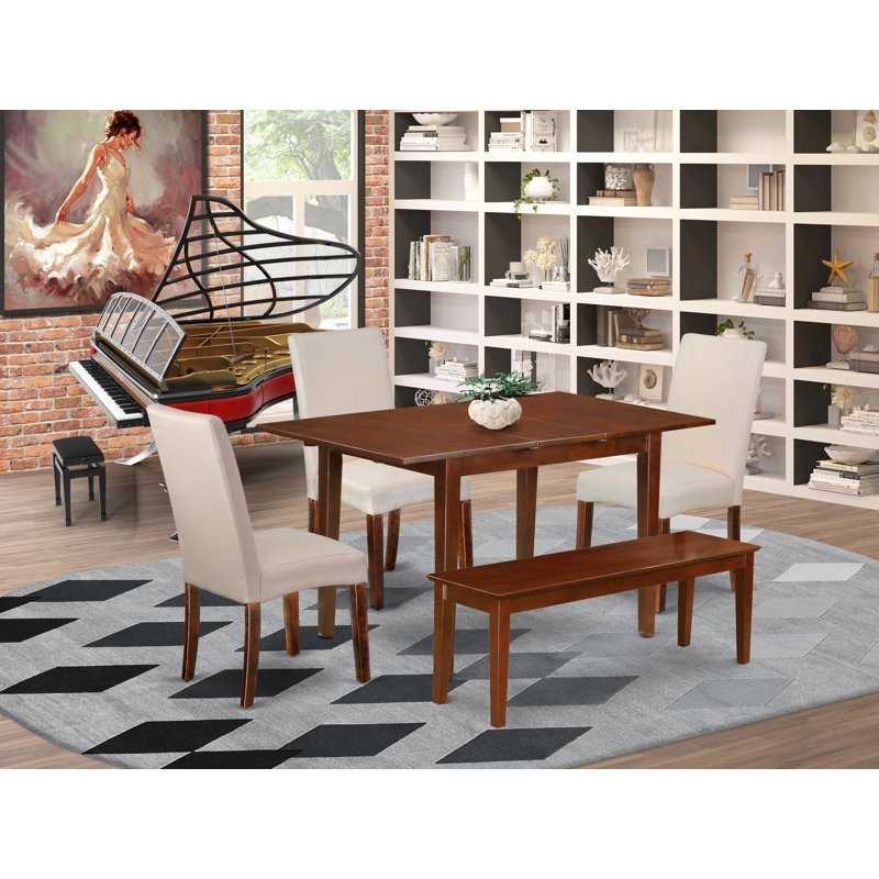 Ensemble de table de cuisine 5 pièces comprenant une table rectangulaire à feuilles papillon et 2 chaises Parson en lin crème avec 2 bancs, acajou