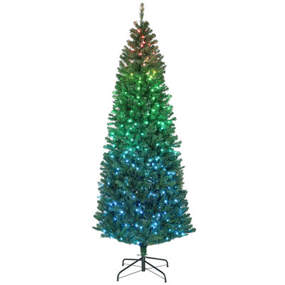 7ft Prelit Christmas Tree with Colorful DIY Synchronized LED Lights and Remote, Slim Fir, Hinged Xmas Tree with Dense Tips, 12 Modes, Daily Timer, Adjustable Brightness and Speed, Green