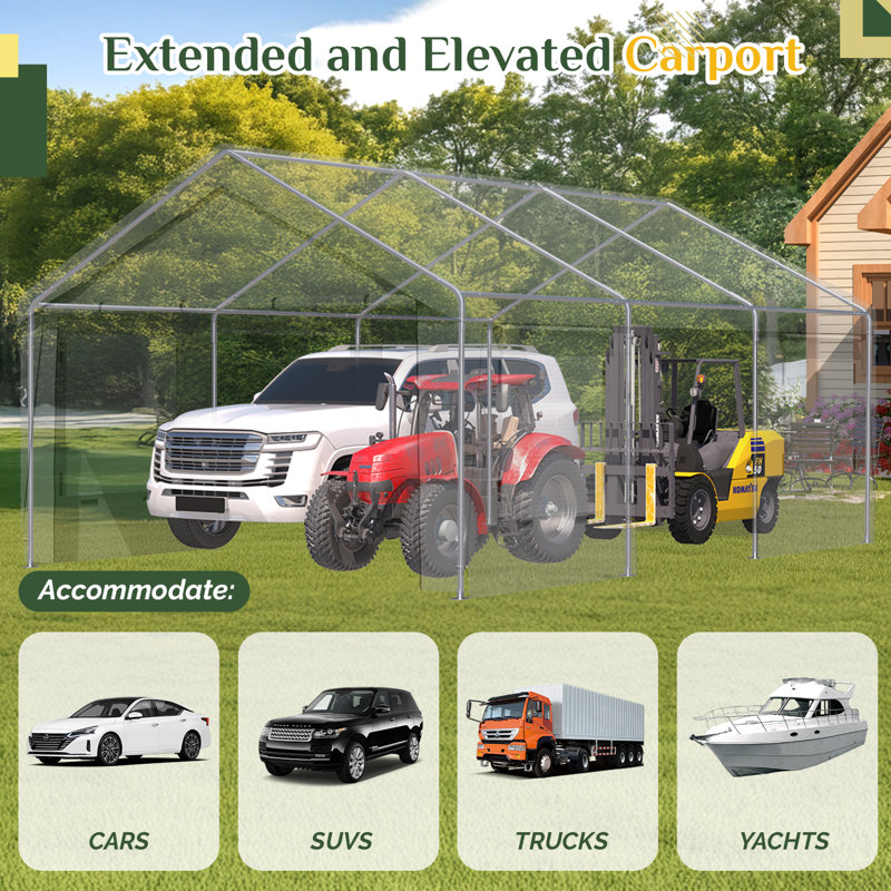 13' X 20' Heavy-Duty Portable Garage, Carport With Removable Sidewalls & Roll-Up Windows, All-Season Carport Shelter For Truck, Boat, Tractor, Dark Grey (Double-Faced)