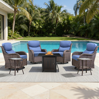 4 - Person  Outdoor Wicker Fire Pit Seating Set With Swivel Glider Chairs & Side Table