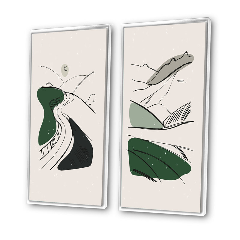 «Green Retro Landscape Panoramas I», ensemble de 2 impressions, H 20 po x l 24 po x P 1 po, Toile avec cadre blanc