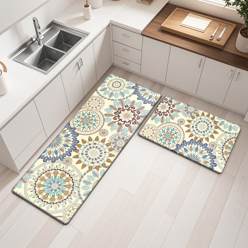 Jalissia Anti-Fatigue Non-Skid Kitchen Mat, Runner 18" x 30" + 18" x 48", White/Beige/Yellow/Gray