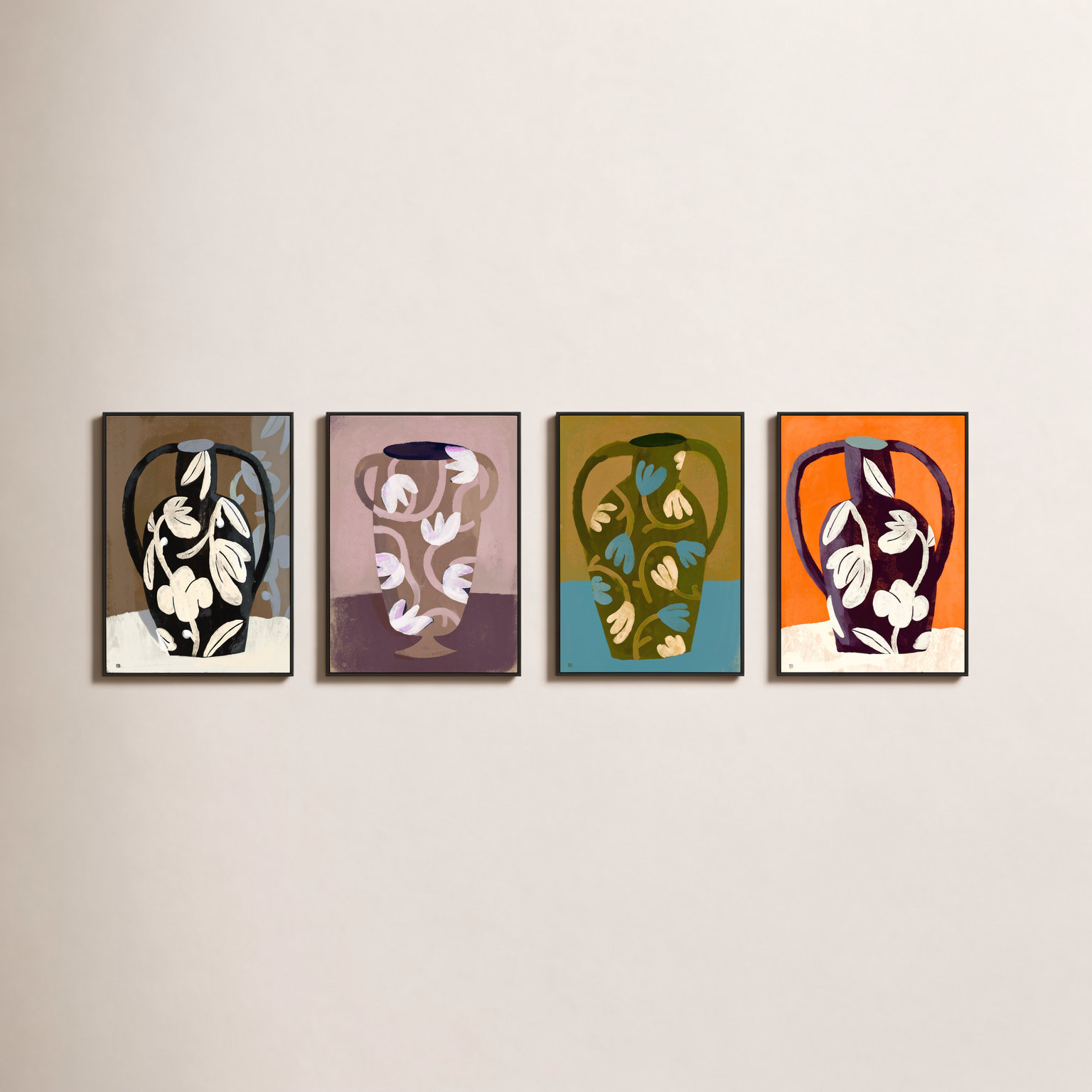 Vases 4-Piece Print Set by Marco Marella, Black Framed Canvas, 38" H x 26.5" W x 1.25" D