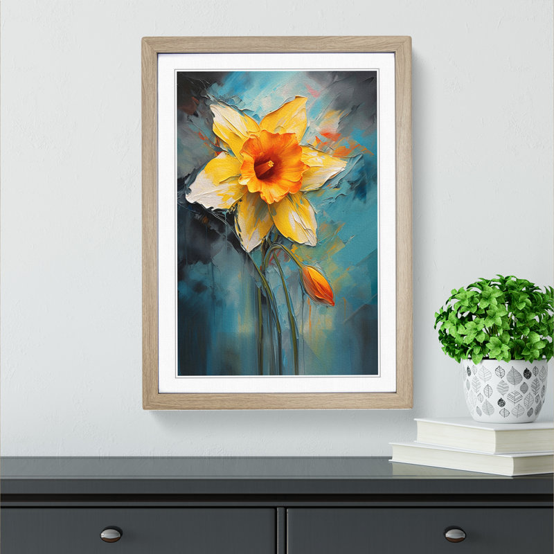 Daffodil Flower Expressionism No.2 - Single Picture Frame Print on Wood, Oak Framed, 64cm H x 46cm W