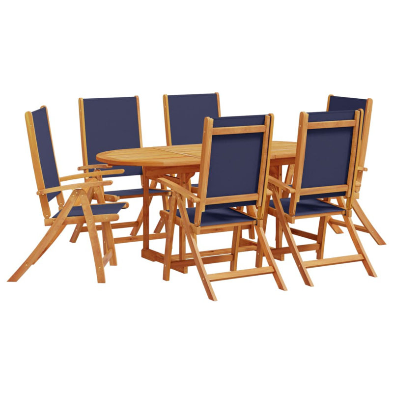 Solid Wood Patio Dining Set Oval Table, Blue / White / Grey, 75cm H x 170cm W x 80cm D, 6