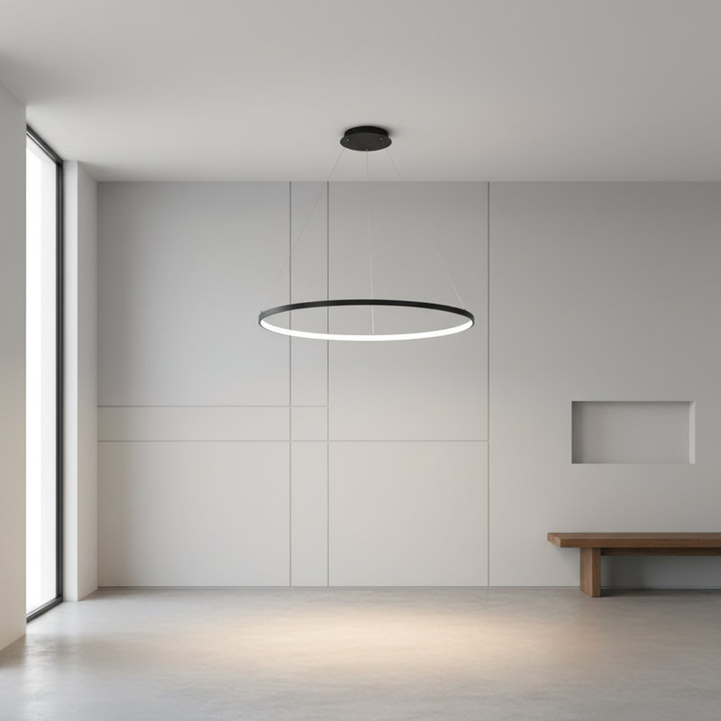 Stockham 1-Light Unique Geometric LED Pendant Circle Ring Chandelier Remote Dimmable, Black, 0.8" H x 32" W x 32" D