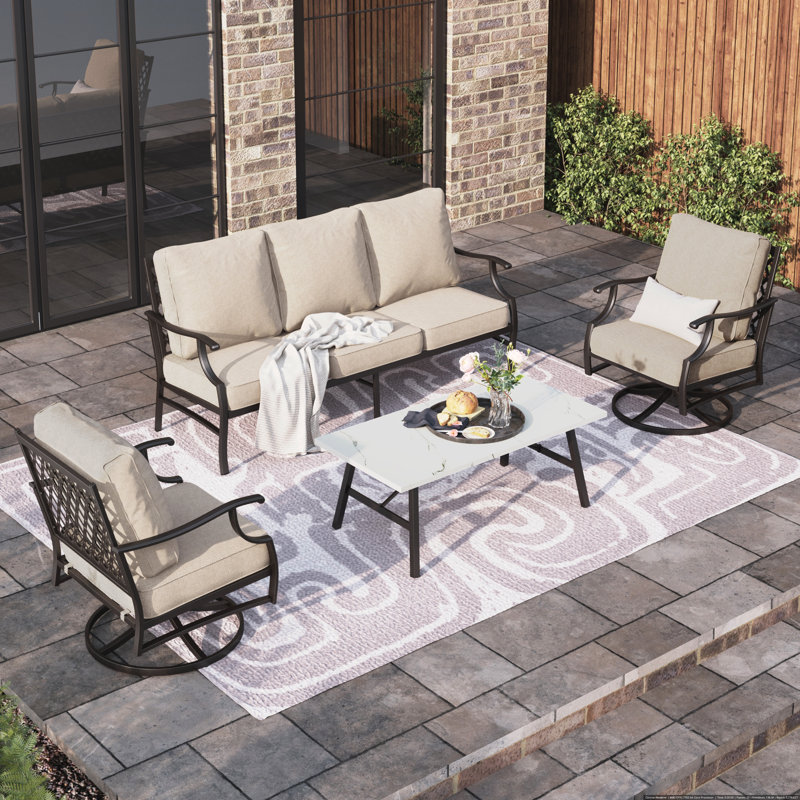 Asfand 5-Person Metal Patio Conversation Set with Swivel Lounge Chairs, No, Cushion Pro Beige Performance Canvas