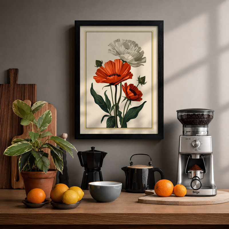 Three Gerbera Bloom Botanical - Print, A2 - 59.4 x 42.0 cm, Black