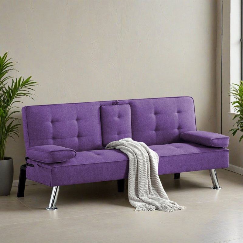 65.32" Wide Convertible Upholstered Reclining Sleeper Sofa Bed, Purple