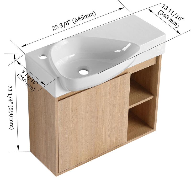 26" Bathroom Vanity with Asymmetrical Ceramic Sink - Wall Mounted