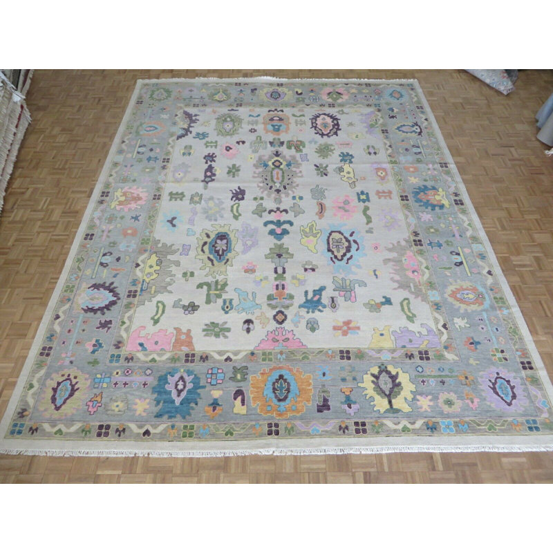 Tapis oriental coloré Oushak noué à la main en ivoire / bleu / rose, Rectangle 12 pi 1 po x 14 pi 10 po