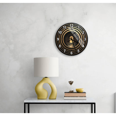 Modern Tempered Glass Wall Clock - Black Gold Art Deco Decor, Architectural Tunnel Illusion Design, Large Geometric Circular Luxury Gift