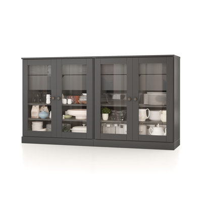 100% Solid Wood 64" Sideboard with Clear Glass Doors, 4-Drawers and Adjustable Shelves
