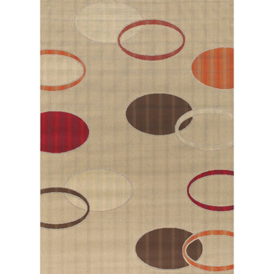 Walmsley Machine-Woven Brown, Orange, Red, Cream Geometric Circles Design Tan Indoor/Outdoor Polypropylene Rug