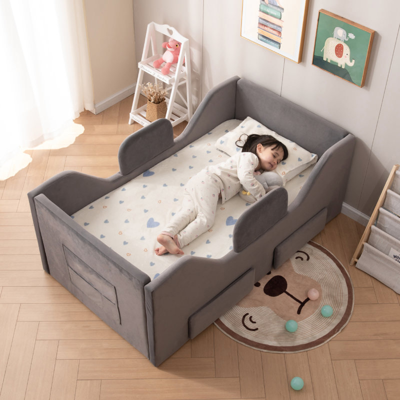 Toddler Floor Bed with Removable Safety Rails and Storage Bag, Kids Bed for Girl and Boys, Standard Crib Size, Safety Upholstered Child Beds, Low to Floor Design