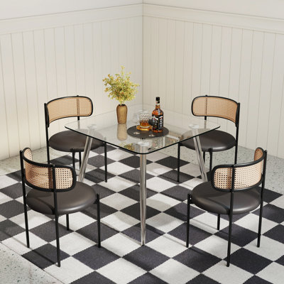 36in Glass Dining Table & 4 Rattan Back Chairs Set, Silver Aluminum Base and PU Leather Seats for Dining,Kitchen