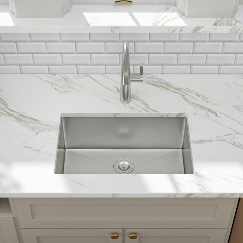 28"L X 18"W Undermount Stainless Steel Kitchen Sink with Bottom Grid, Strainer and Roll-up Rack, Brushed Nickel