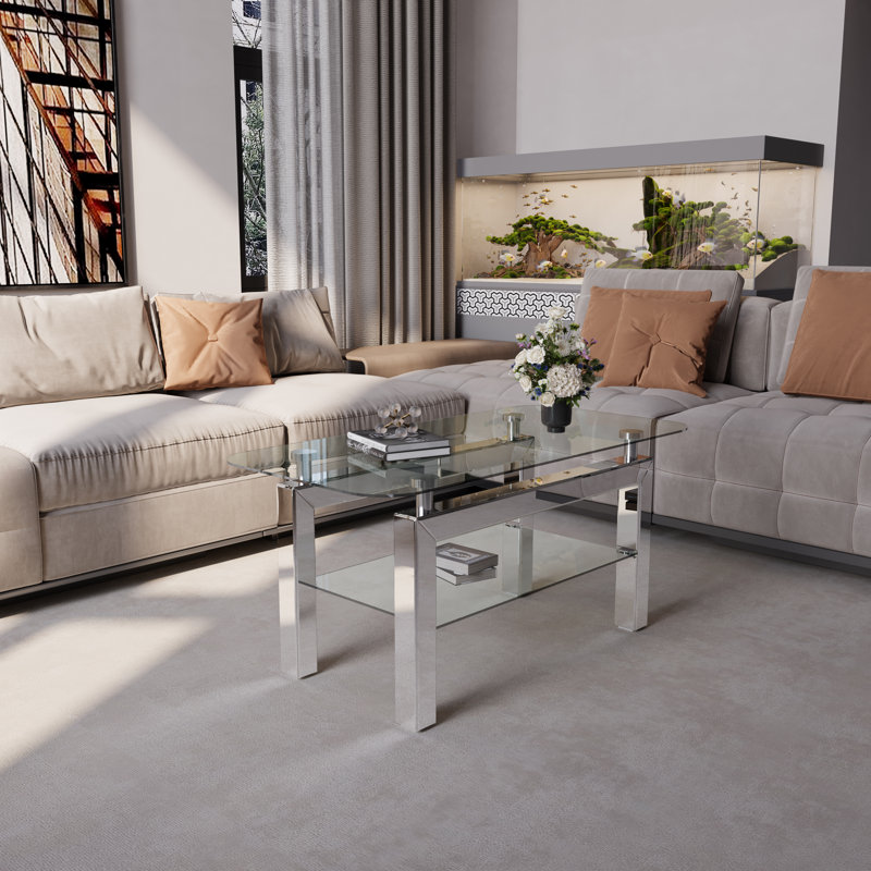 Table rectangulaire moderne en verre trempé à 2 niveaux avec pieds en acier inoxydable