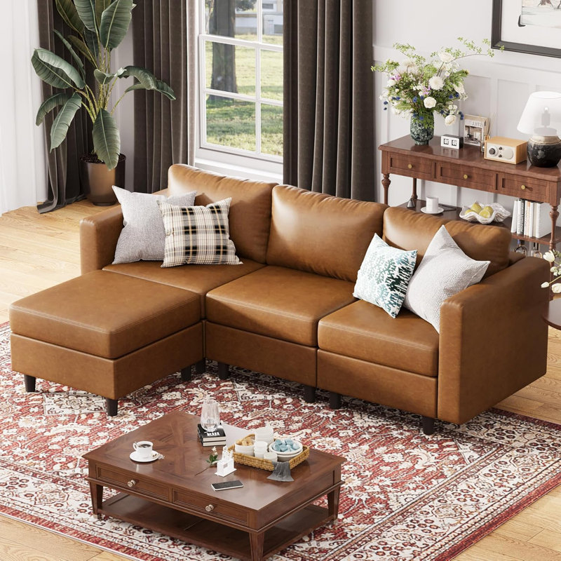 Canapé modulaire réversible en L de 91,5 po avec siège de rangement Caynemore 4 pièces - Similicuir brun, Similicuir brun