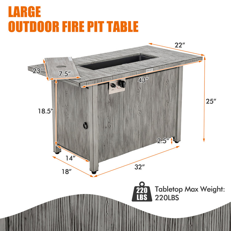 Metal, Stainless Steel Propane Smokeless Fire Pit Table with Hidden Fuel Tank, Gray, 25" H x 43" W x 22" D