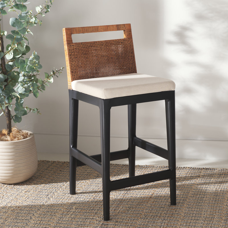 Velga Solid Wood Upholstered Counter Stool , Brown/White Seat/ Black Frame