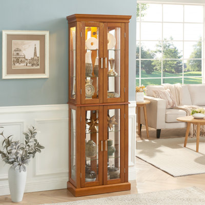 11.92"D Oak Curio Display Cabinet With Mirrored Back & Shelves In 6 Adjustable