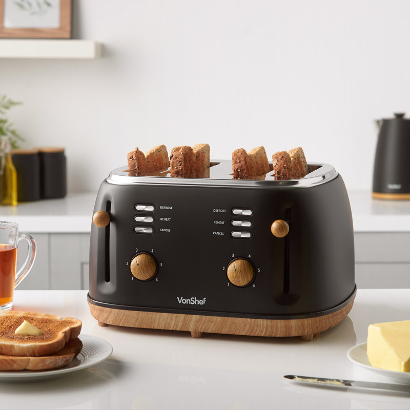 Vonshef 4 Slice Toaster - Nordic Matte Black Design, 6 Browning Settings, Wide Slots, Defrost, Reheat And Cancel Functions, Removable Crumb Tray, High Lift Lever & Cord Storage
