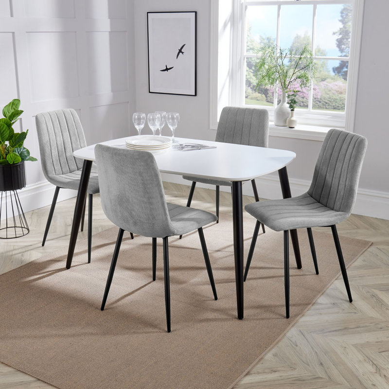 Aspen 1200mm foiled rect. table & 4 fabric chair Set, White, Light Grey
