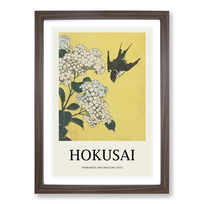 Hydrangeas and Swallow by Katsushika Hokusai - Picture Frame Painting, Walnut Framed, 36cm H x 27cm W x 2cm D