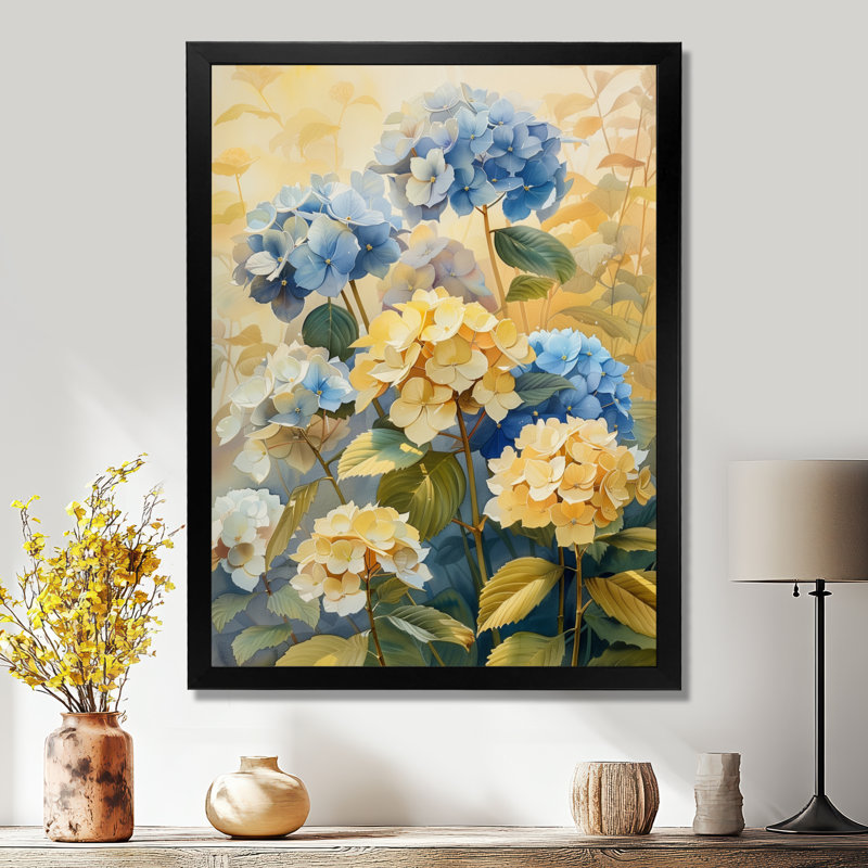 Impression d'art mural bleu et jaune, H 24 po x l 32 po, Cadre simple noir