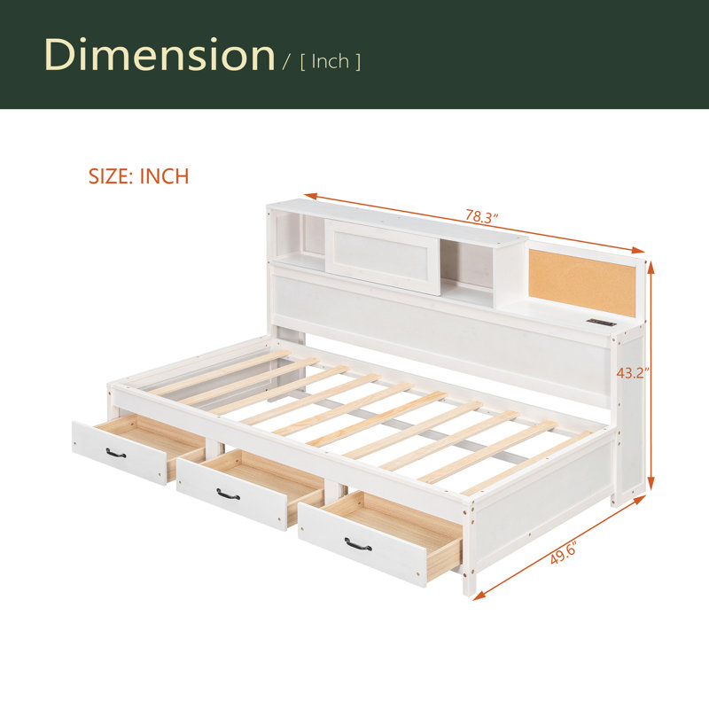 Twin Size Wooden Daybed With 3 Storage Drawers, Upper Soft Board, Shelf, And A Set Of Sockets And USB Ports
